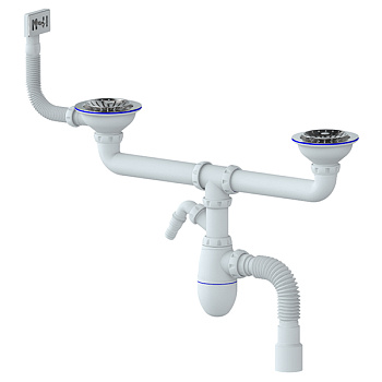 Сифон для двойной мойки 3 1/2  с перелив, гиб. труба UNICORN B730V