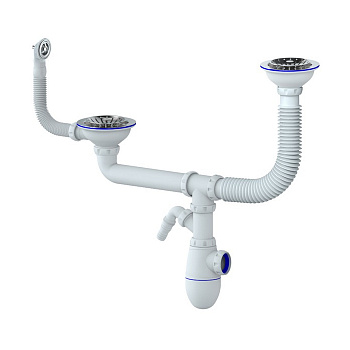 Сифон для двойной мойки 3 1/2  с круг. перелив, гиб. труба UNICORN B710VP