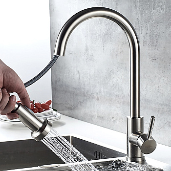 Смеситель для кухни LEDEME одноруч. (76005-1) бок. с выдв.лейкой, латунь, d35 Сатин РАСПРОДАЖА