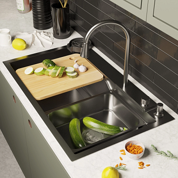 Мойка нерж врезная 750х460х220 т 3,0 ГРАФИТV2.0 (колланд.+дозат+сиф+смеситель+доска+опол.ст) MIXLINE