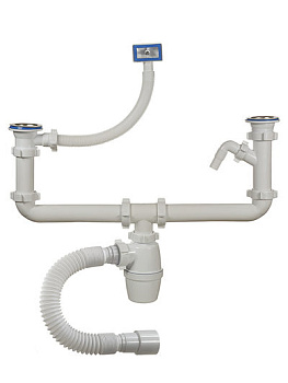 Сифон для двойной мойки 1 1/2*40 с отводом, гибкой трубой Орио (40091) РАСПРОДАЖА