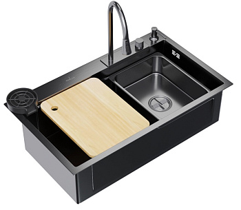 Мойка нерж врезная 750х460х220 т 3,0 ГРАФИТ (колланд.+дозатор+сифон+смеситель+доска+опол.ст) MIXLINE